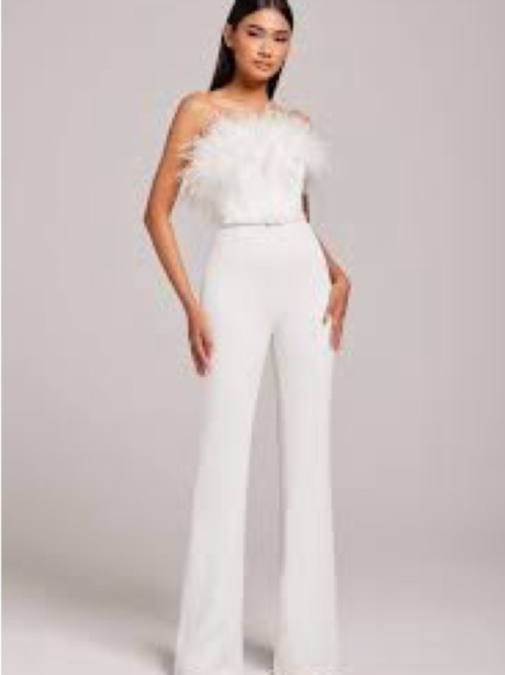 NADINE MERABI White Feather-Trim Wide-Leg Jumpsuit